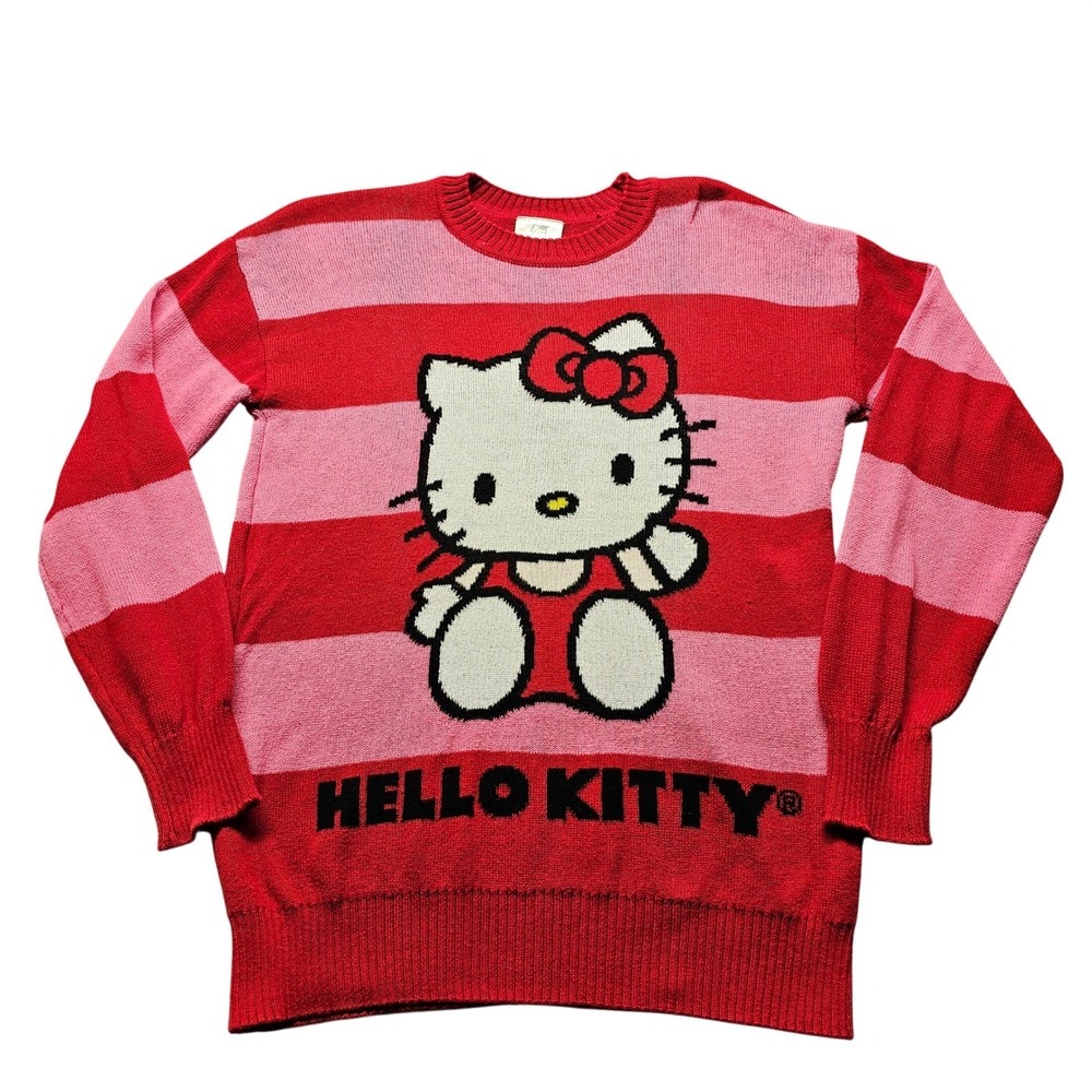 Hello Kitty Sanrio Striped Knit Sweater Red Pink XS SIL-34452 Crewneck Pullover